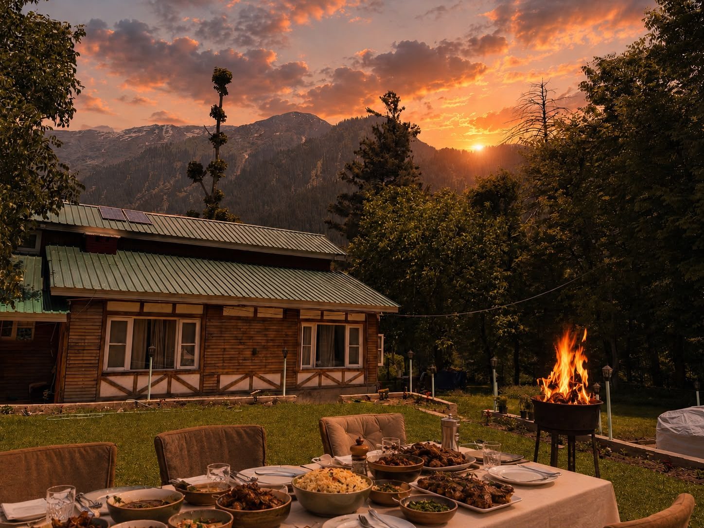 Outdoor Wazwan dinner at KashÔtel at sunset, mountains and forest behind