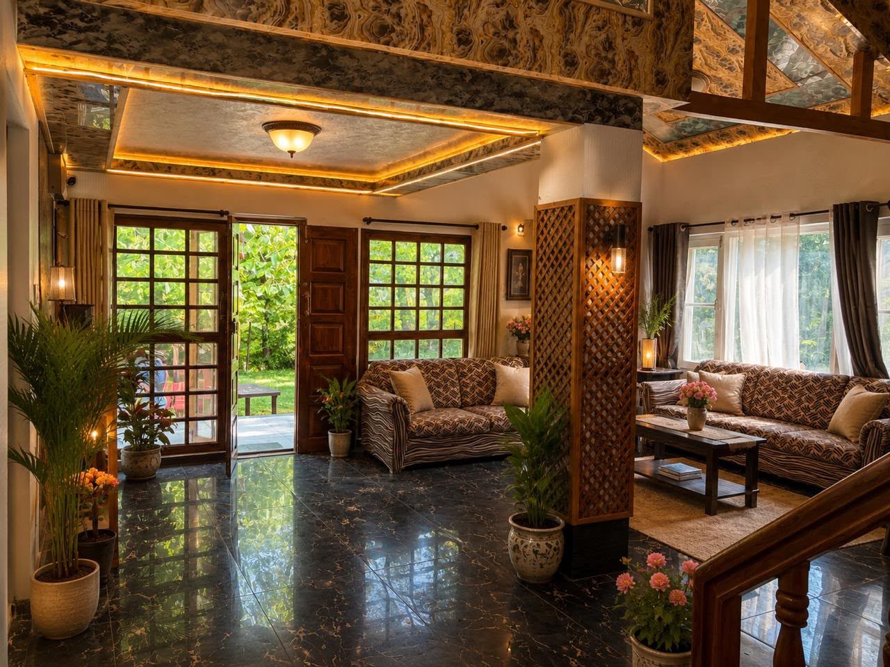 KashÔtel living room with lattice divider