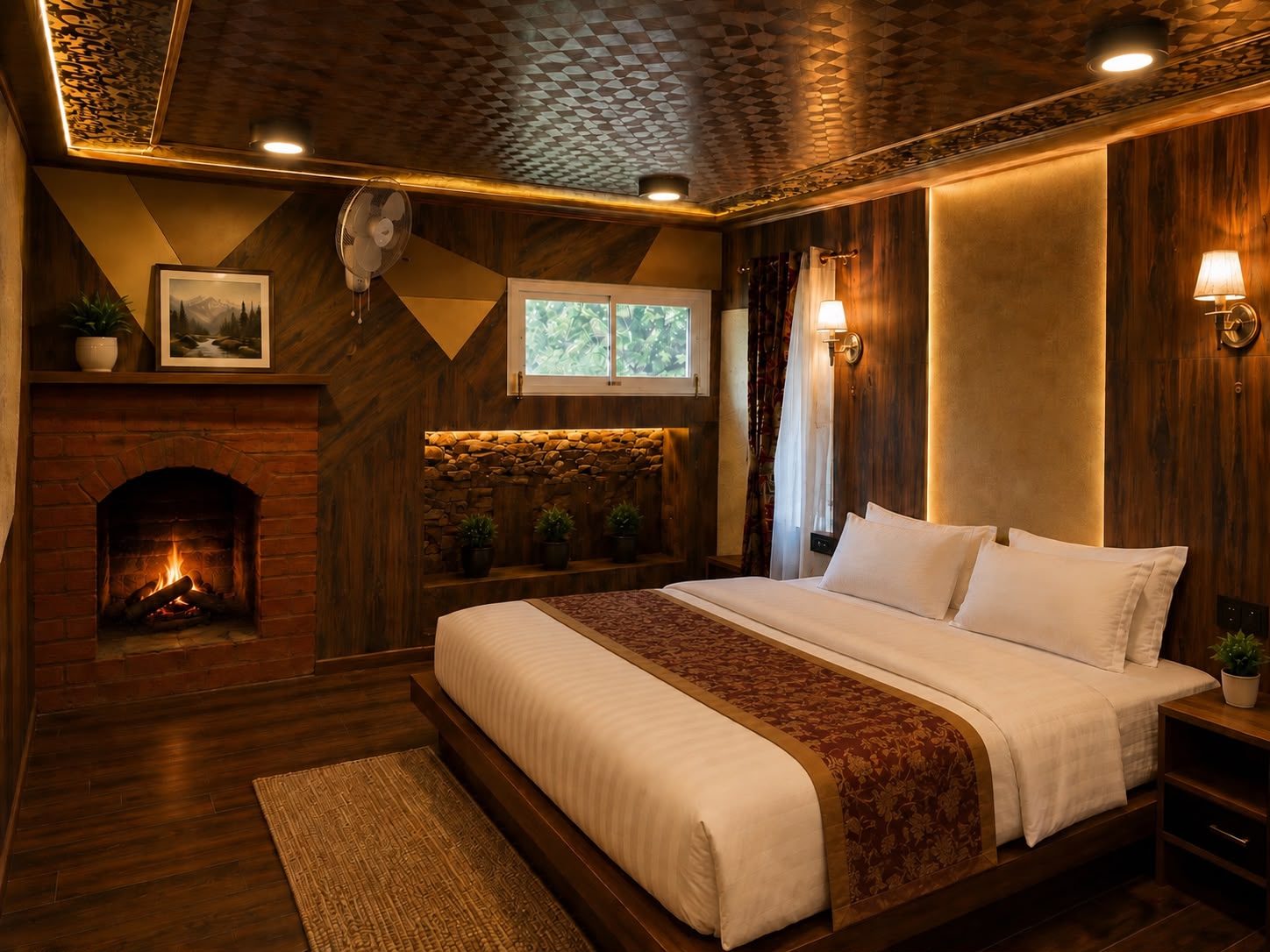 The Fireplace Suite — bedroom with brick fireplace and forest window