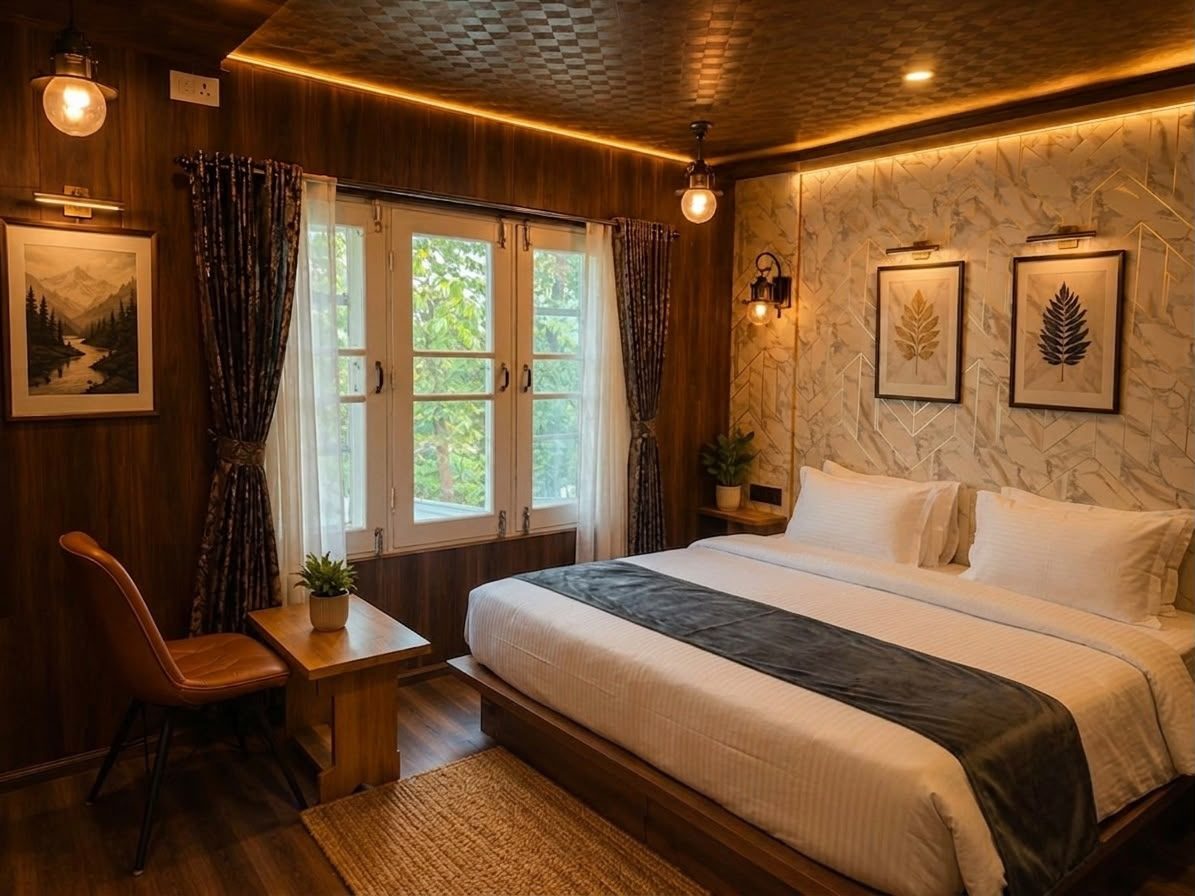 The Mountain Room — calm bedroom with forest-facing window
